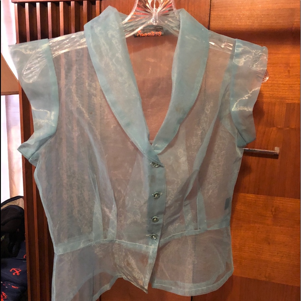 Retro pin-up style light blue sheer blouse